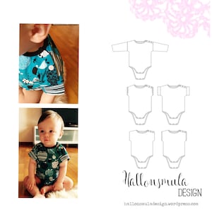 Op de afbeelding: Een patroon voor een baby onesie met lange of korte mouwen. Het patroon bevat een afbeelding van een onesie met lange mouwen, een onesie met korte mouwen en een onesie met korte mouwen. De tekst op het patroon luidt "Tiny tee body, lång och kort ärm, stl 50 - 92, Hallonsmula DESIGN, hallonsmuladesign.wordpress.com".