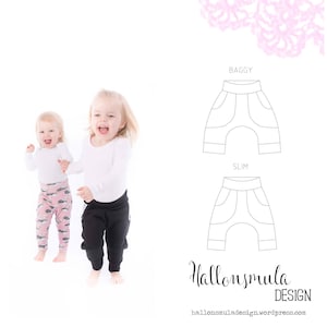 PDF- mönster Baggypants - 2 modeller: vanliga och slim stl 50/56 - 98/104 / Patrones de pantalones baggy 2 modelos regular y slim 5 tallas