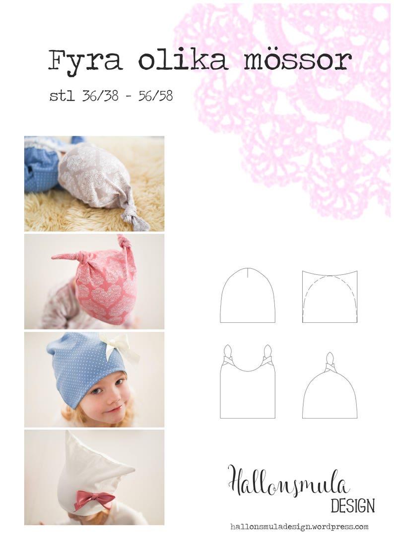 PDF mönster Fyra mössor. Stl 36/38-56/58. Four cap patterns sizes newborn 11 years small adult image 1