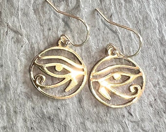 Gouden oog van Horus-oorbellen, oog van Ra-oorbel, Egypte-ontwerp, goud vermeil Egypte-oogoorbel, gelukstoken, sieraden uit het oude Egypte