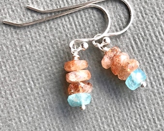 Sunstone and Moonstone Earrings, Silver, Tiny Gemstone Dangle, Stack Earring, Aqua Moonstone, Dainty Boho Earring, Orange Glitter Stone