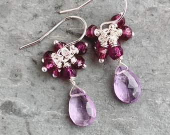 Pink Amethyst Earrings, Garnet Earrings, Sterling Silver, Gemstone Drop Earring, Garnet Clusters, Wire Wrapped, Lavender Drops, Tiny Garnets