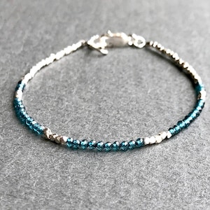 London Blue Topaz Bracelet, Sterling Silver, Tiny Teal and Silver Beads, Dainty Gemstone Bracelet, Cut Silver Nugget Beads, Skinny Bracelet
