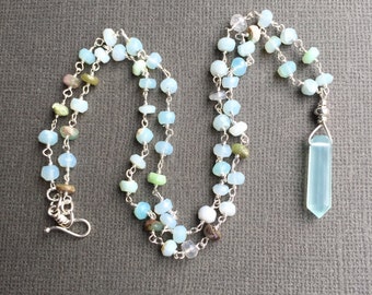 Peruvian Opal Rosary Chain Necklace: Aqua Chalcedony Point Pendant, Sterling Silver