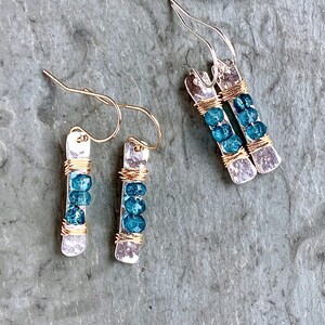 London Blue Quartz Sterling Silver Bar Earrings, Gold Wire Wrapped, Mixed Metal, Two Toned