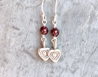 Garnet Sterling Silver Heart Earrings: January Birthstone Dangle