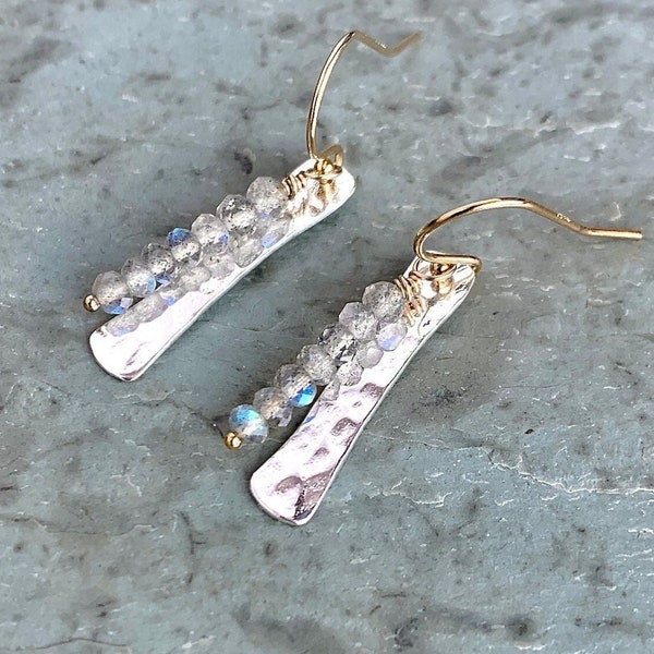 Labradorite Earring, Gold and Silver, Wire Wrapped, Hammered Silver Bar, Stack of Tiny Gray Gemstones, Mixed Metal Dainty Boho Earring