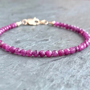 Ruby Bracelet, Silver or Gold, Dainty Stacking Bracelet, Pink Gemstones, Natural Ruby Jewelry, Beaded Ruby Bracelet, July Birthstone Gift