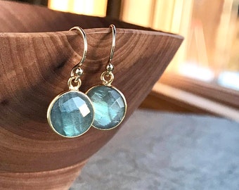 Labradorite Earrings, Blue Flash, Bezel Set, Dangle Drop Earrings, Gold Filled, Simple Gemstone Earring, Faceted Round Drops, Gray Green