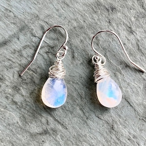 Smooth Moonstone Earring, Simple Moonstone Teardrop, Moonstone Jewelry, Flashy Rainbow Moonstone, Wire Wrapped, Choose Finish, Gift For Her