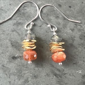 Sunstone Labradorite Earring, Gold and Silver, Gemstone Dangles, Dainty Stack Earrings, Two Tone Mixed Metal Earrings, Orange Sparkle Stone
