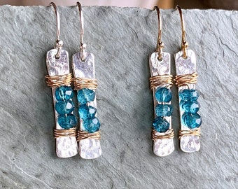London Blue Topaz Earring, Gold and Silver, Wire Wrapped, Hammered Silver Bar, Silver Stick with Blue Gemstones, Boho Earring, Mixed Metal