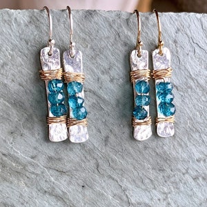 London Blue Topaz Earring, Gold and Silver, Wire Wrapped, Hammered Silver Bar, Silver Stick with Blue Gemstones, Boho Earring, Mixed Metal