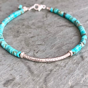 Kingman Turquoise Bracelet, Sterling Silver, Boho Everyday Casual, Southwest Style, Silver Curved Tube, Real Turquoise Beads, Daisy Design