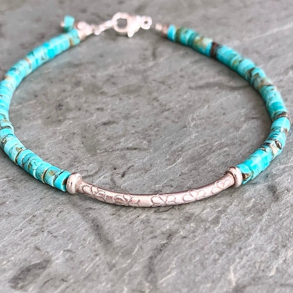 Kingman Turquoise Bracelet, Sterling Silver, Boho Everyday Casual, Southwest Style, Silver Curved Tube, Real Turquoise Beads, Daisy Design