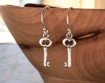 Tiny Silver Key Earring, Solid Sterling Silver, Skeleton Key Charm, Delicate Dainty, Key Jewelry Key to My Heart, Small Key Dangle Gift Idea