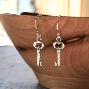 Tiny Silver Key Earring, Solid Sterling Silver, Skeleton Key Charm, Delicate Dainty, Key Jewelry Key to My Heart, Small Key Dangle Gift Idea