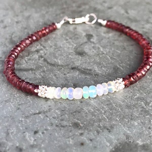 Garnet and Opal Bracelet, Sterling Silver, Ethiopian Welo Opal, Garnet Bracelet with Opal Section, January Birthstone, Bracelet Under 50