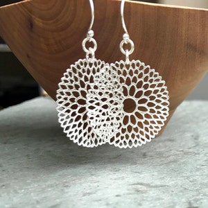 Mandala Earrings, Sterling Silver Flower Earring, Silver Dahlia, Geometric, Large Silver Dangle Earrings, Simple Minimal Delicate Lace Drops