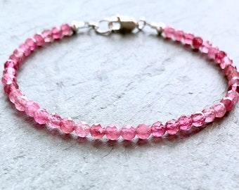Pink Tourmaline Bracelet, Silver or Gold, Dainty Stacking Bracelet, Little Pink Beads, October Birthstone, Pretty Christmas Gift for Her