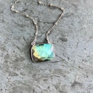 Labradorite Necklace, Blue Flash Stone, Sterling Silver, Rectangle Pendant, Boho Layering, Bezel Set, Satellite Chain, Pretty Gift for Her