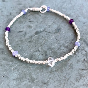 Herkimer Diamond Bracelet, Sterling Silver, Skinny Silver Bracelet with Tanzanite and Amethyst, Natural Quartz Crystal, Hill Tribe Silver