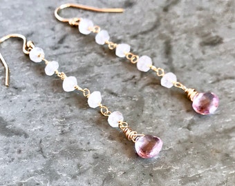 Long Moonstone Drop Earrings, Gold Wire Wrapped Gemstones, Long Gemstone Dangle Earrings, Pink Amethyst Teardrops, Special Gift for Her