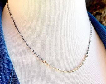 Gold Filled and Oxidized Silver Necklace, Black and Gold Necklace, Simple Minimal Necklace, Mixed Metal Necklace, Cool Gift Under 40 for her