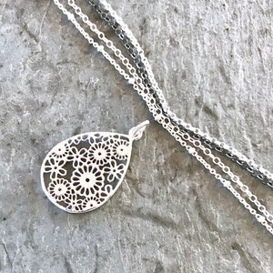 Filigree Teardrop Necklace, Sterling Silver Pendant, Choose Chain, Floral Filigree, Simple Silver Necklace, Cutout Flower Daisy Pendant