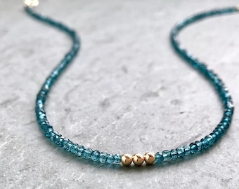 London Blue Topaz Choker, Dainty Blue Gemstone Necklace, Silver, Gold, Beaded Choker, Simple Minimalist, Tiny Blue Beads, Teal Stones