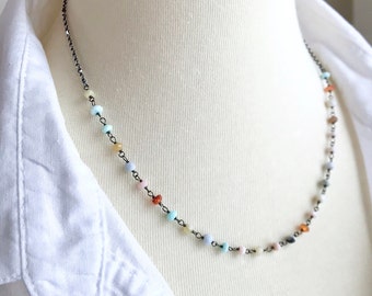 Peruvian Opal Necklace, Gemstone Choker, Rosary Chain, Boho Jewelry, Colorful Tiny Gemstones, Wire Wrapped, Opal Jewelry, Cute Gift for Her