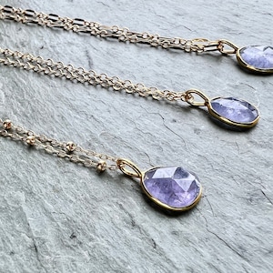 Tanzanite Necklace, Rose Cut Tanzanite Pendant, Faceted Tanzanite Drop, Purple Gemstone Pendant, Dainty Gold Chain, Gold Framed Gemstone