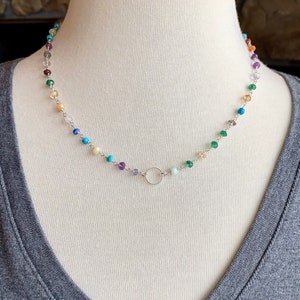 Colorful Gemstone Choker, Rosary Chain Necklace, Sterling Silver, Multicolor Tiny Gemstone, Dainty Gemstone Necklace, With Tiny Silver Ring