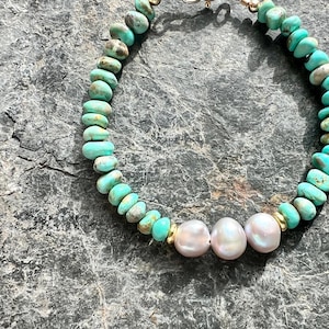 Kingman Turquoise Bracelet, Gold Fill, Boho Beaded Bracelet, Gray Pearls and Turquoise, Natural Genuine Turquoise Bracelet, Made to Order