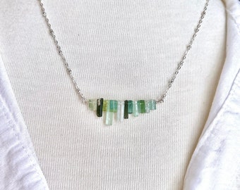 Green Tourmaline Crystal Necklace, Sterling Silver, Natural Raw Crystals, Gemstone Bar Necklace, Raw Tourmaline Jewelry, Small Tube Crystals