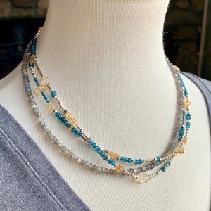 Triple Strand Gemstone Necklace, London Blue, 3 Strand Beaded Necklace, November Birthstone, Citrine Necklace, Unique Gift, Catalog Style