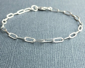 Sterling Silver Chain Bracelet, Silver Rectangle Link Chain, Delicate Silver Bracelet, Silver Anklet, Drawn Flat Cable, Paperclip Chain