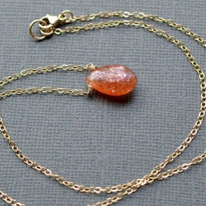Sunstone Necklace, Gold Fill Cable Chain, Sunstone Teardrop Briolette, Orange Gemstone, Glitter Sunstone, Sparkly Orange Stone, Single Drop