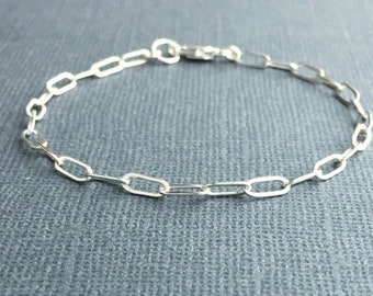 Sterling Silver Chain Bracelet, Silver Rectangle Link Chain, Delicate Silver Bracelet, Silver Anklet, Drawn Flat Cable, Paperclip Chain