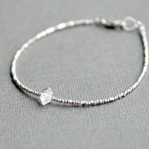 Herkimer Diamond Bracelet, Tiny Silver Beads, Raw Herkimer Crystal, Quartz Crystal, April Birthstone, Minimal Skinny Bracelet, Gift Under 50