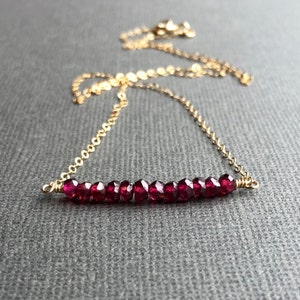 Garnet Necklace, Gold or Silver, Simple Gemstone Bar Necklace, Beaded Bar Necklace, Dainty Delicate Boho Chic Layering, Row Of Garnets