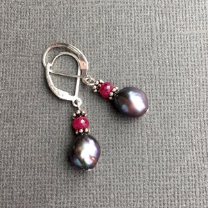 Ruby and Pearl Earrings, Sterling Silver, Dainty Ruby Earrings, Ruby Drop Earrings, Pretty Earrings for Her, Gift Under 40, June Birthstone