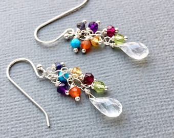 Moonstone Multi Gemstone Cluster Earrings, Dainty Gemstone Earrings,Tiny Gemstones, Wire Wrapped, Sterling Silver, Colorful Dangle Earring