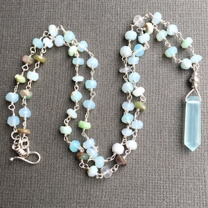 Peruvian Opal Rosary Chain Necklace: Aqua Chalcedony Point Pendant, Sterling Silver