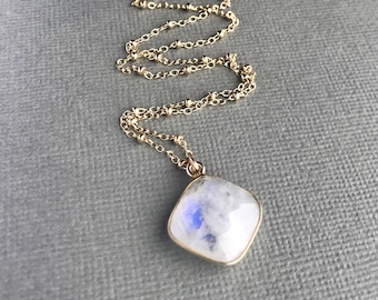 Moonstone Pendant Necklace: Gold Filled or Sterling Silver Satellite Chain