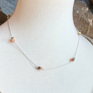 Sunstone and Labradorite Necklace, Dainty Chain with Tiny Gemstones, Minimal Station Necklace, Delicate Gemstone Choker, Gold or Silver