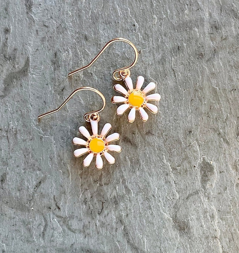 Daisy Earrings Enamel Daisies White and Yellow Daisy Flower Etsy