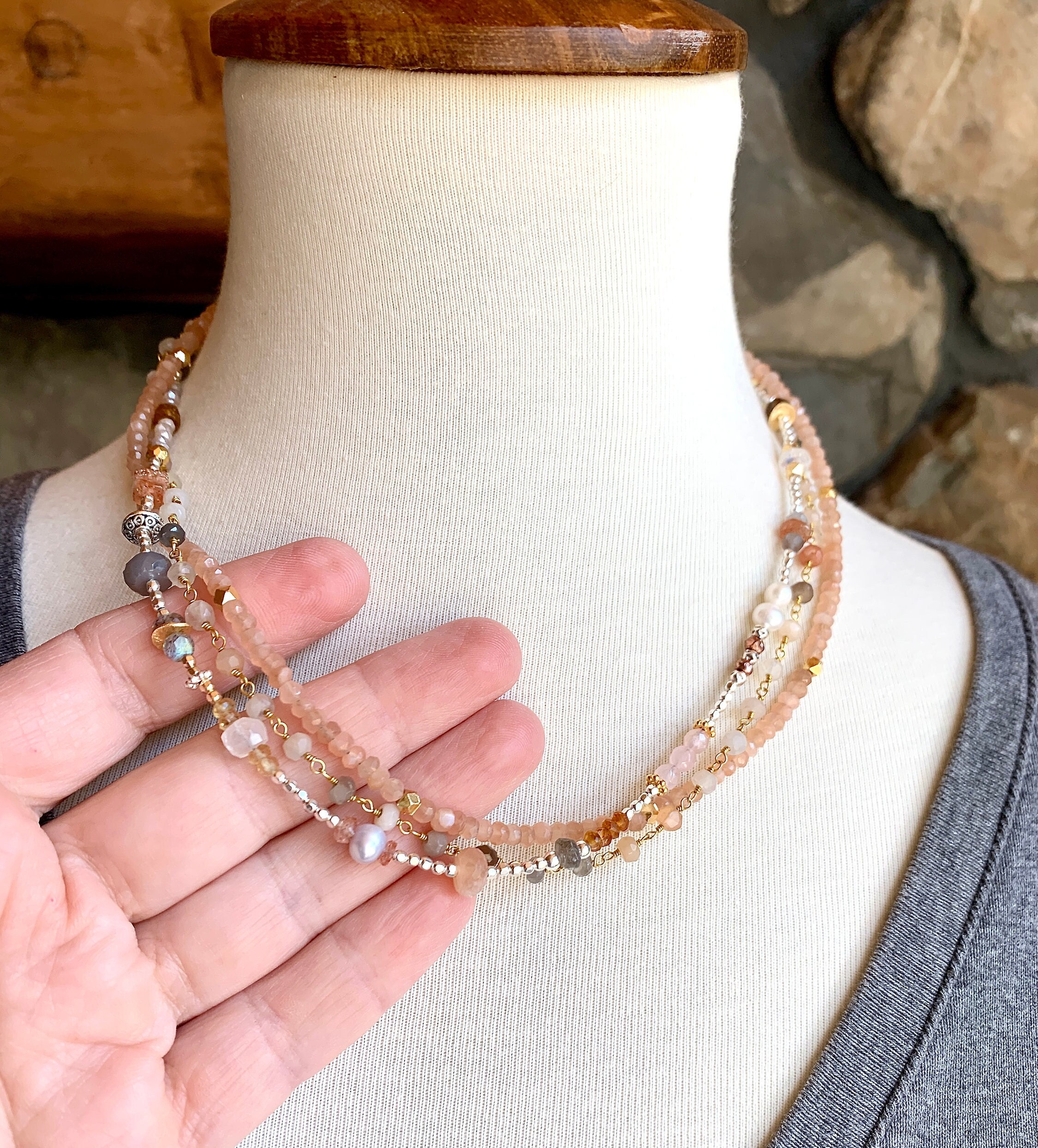Moonstone and Sunstone Necklace, Sterling Silver, Triple 3 Moonstone and Sunstone Necklace, Sterling Silver, Triple 3