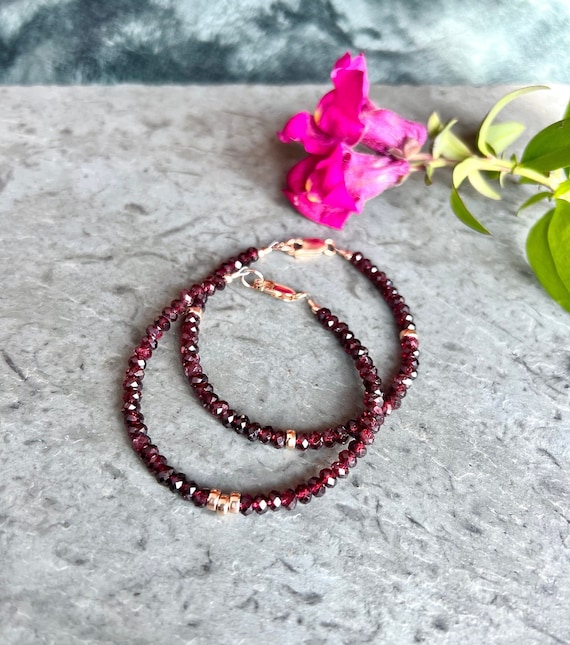 Rose Gold Garnet Bracelet: January Birthstone Beaded Stacking
