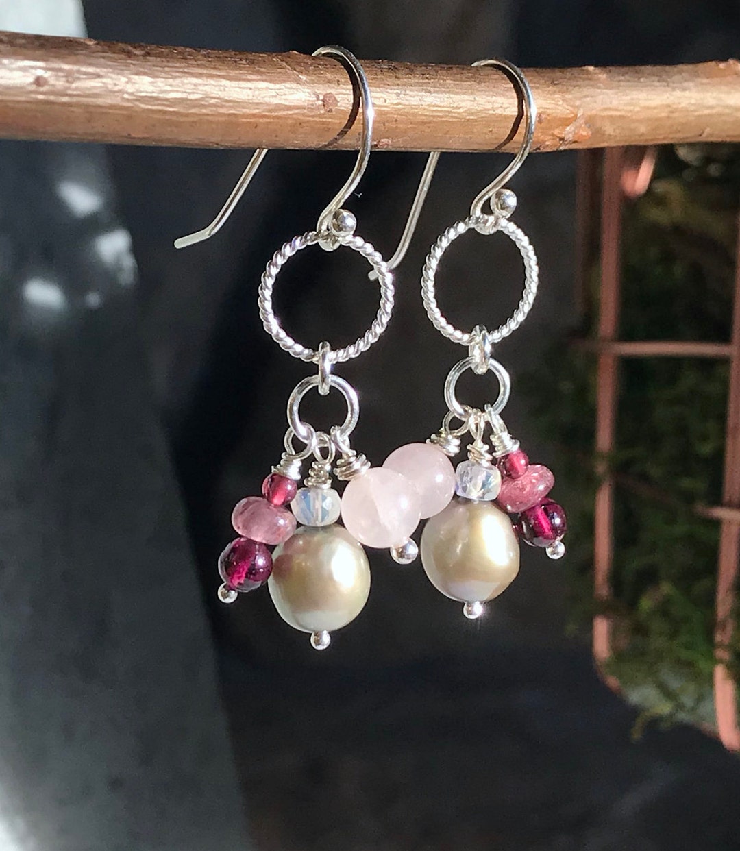 Rose Quartz Earrings, Sterling Silver, Cluster Earrings, Garnet Earrings, Pink Gemstone Earrings ...